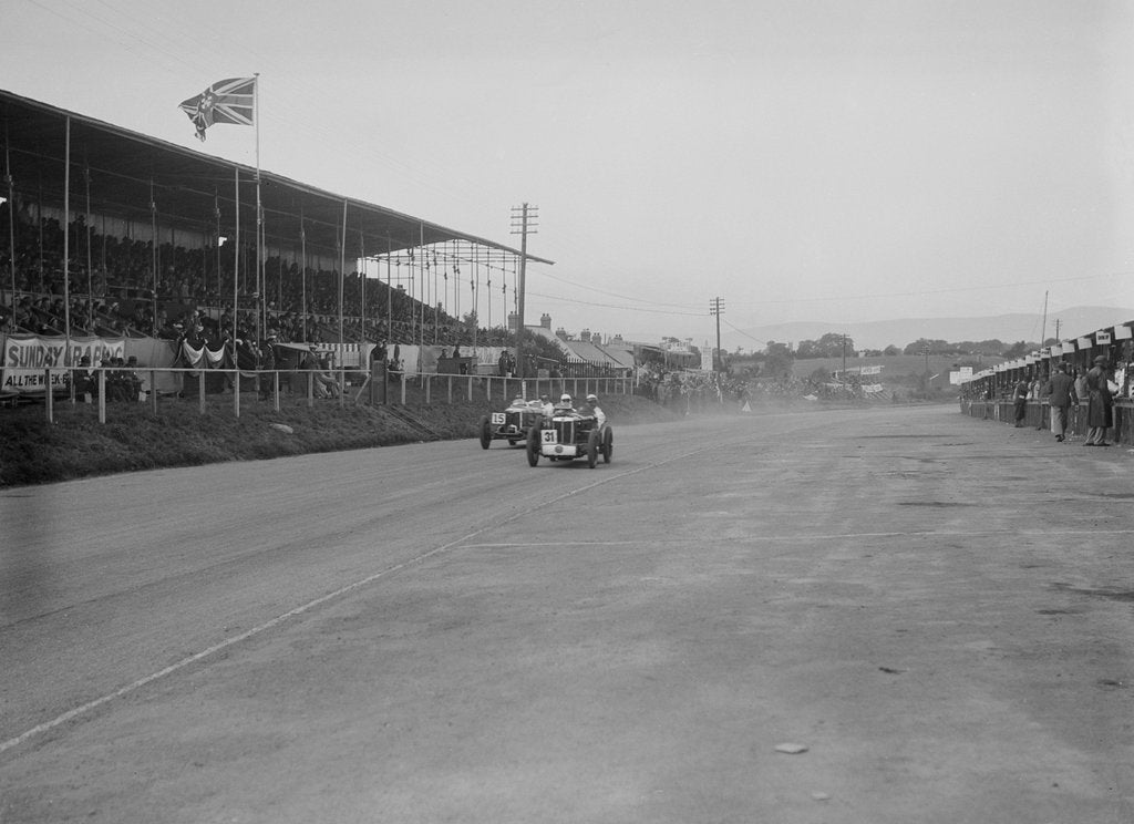 Detail of MG C type Midget of Cyril Paul and Riley of Edgar Maclure, RAC TT Race, Ards Circuit, Belfast, 1932 by Bill Brunell