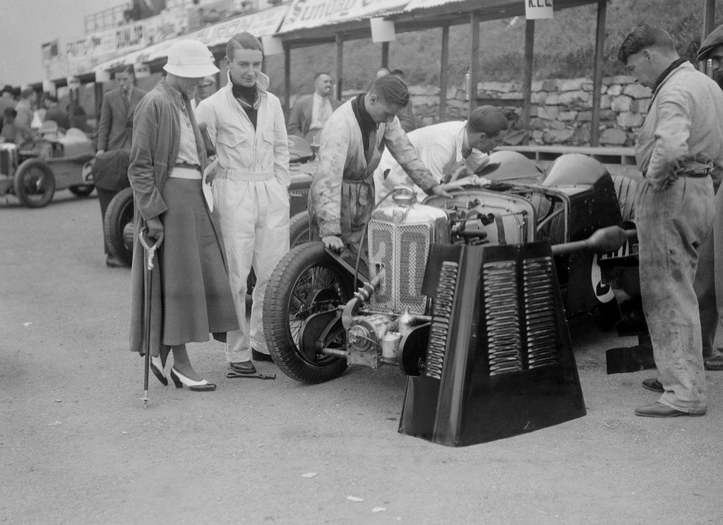 Detail of MG C type Midget of Hugh Hamilton in the pits at the RAC TT Race, Ards Circuit, Belfast, 1932 by Bill Brunell
