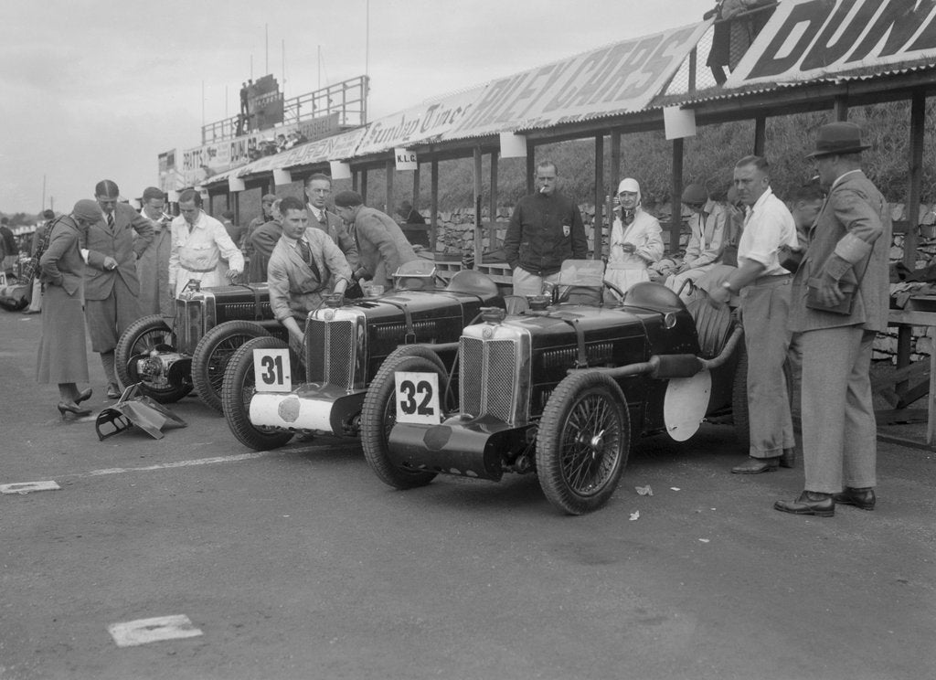 Detail of Three MG C type Midgets in the pits at the RAC TT Race, Ards Circuit, Belfast, 1932 by Bill Brunell
