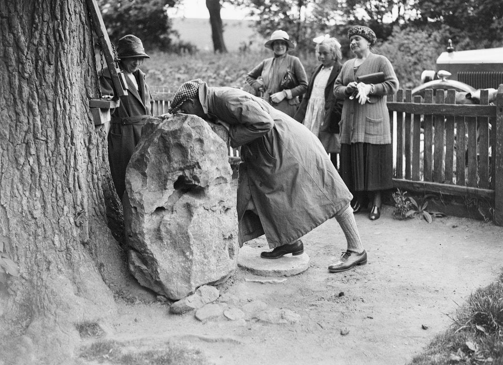 Detail of People visiting King Alfred's Blowing Stone, Kingston Lisle, near Uffington, Oxfordshire, c1920s by Bill Brunell
