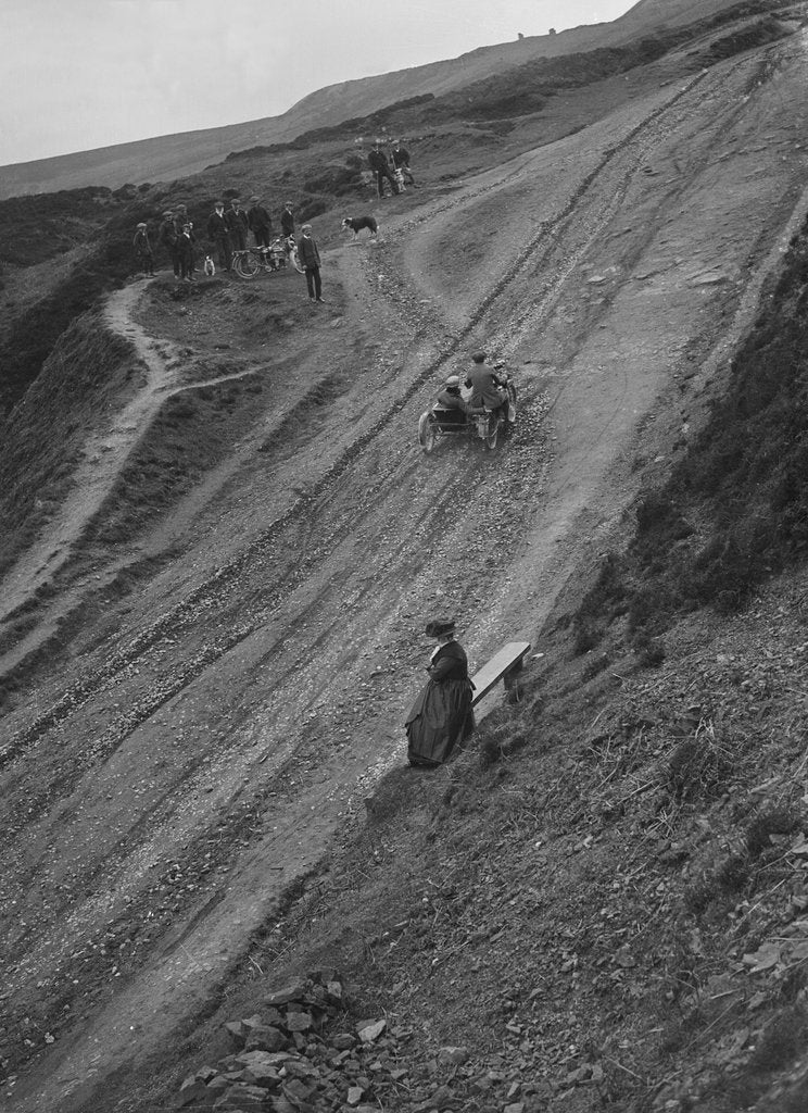 Detail of Unidentified motorcycle and sidecar, Rosedale Chimney Bank, Yorkshire, c1920-c1939 by Bill Brunell
