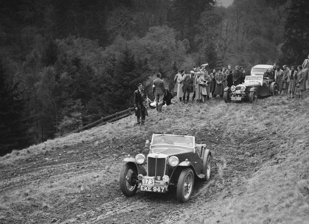 Detail of MG TA of RE Rushbrook competing in the MCC Edinburgh Trial, Roxburghshire, Scotland, 1938 by Bill Brunell