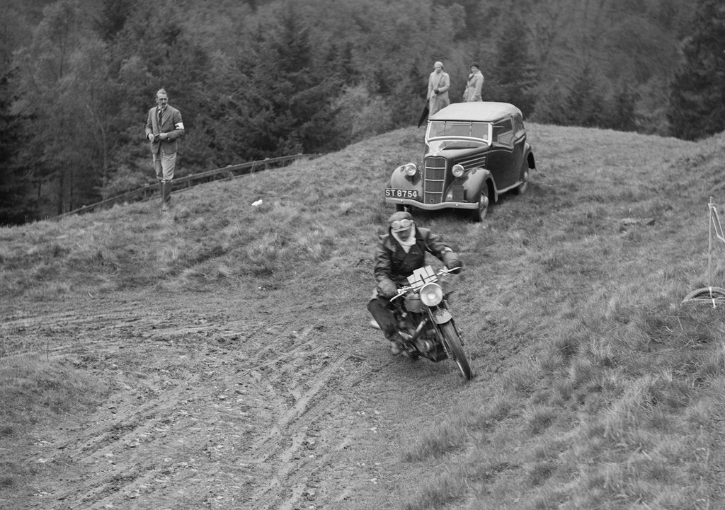 Detail of 490 cc AJW of GEH Godber-Ford competing in the MCC Edinburgh Trial, Roxburghshire, Scotland, 1938 by Bill Brunell