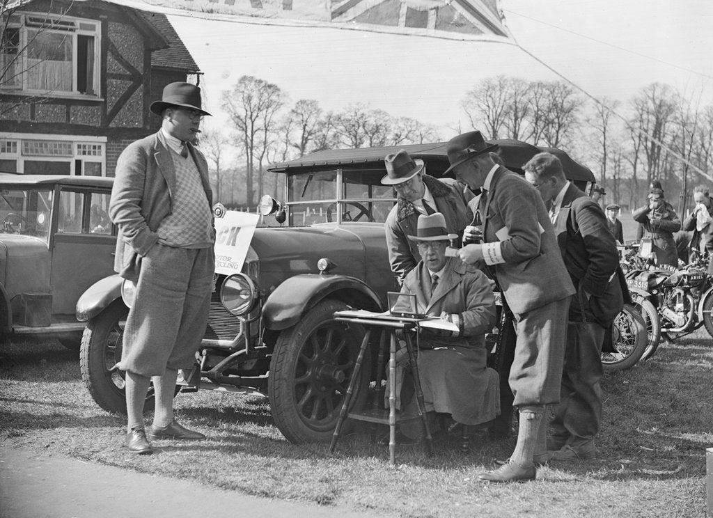 Detail of Surbiton Motor Club motorcycle trial, Talbot Hotel, Ripley, Surrey, c1930. by Bill Brunell
