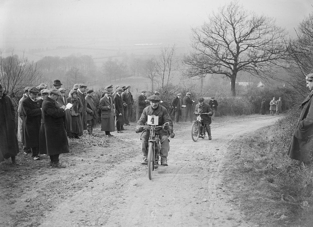 Detail of Unidentified motorcycle at an early motoring trial, pre 1914. by Bill Brunell