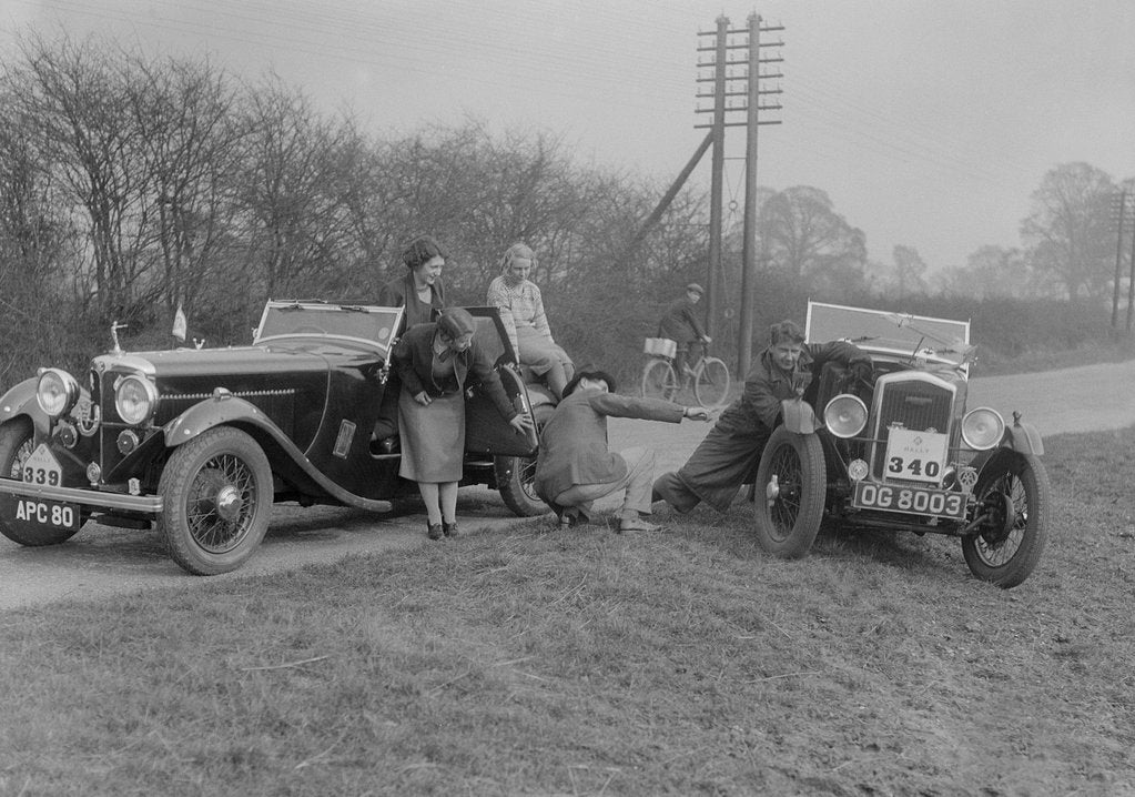 Detail of AC 4-seater tourer of Kitty Brunell and a Wolseley Hornet at the RAC Rally, 1933 by Bill Brunell