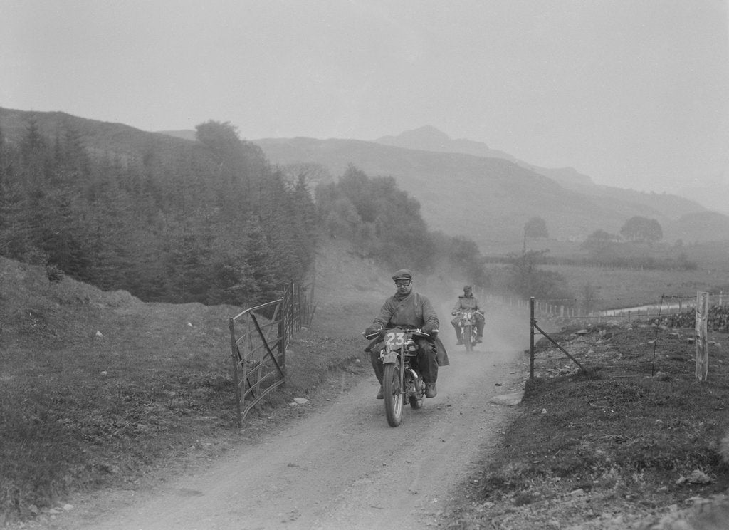 Detail of 493 cc Triumphs of L Crisp and KP Jones competing in E&DMC Scottish 6 Days Trial, 1933. by Bill Brunell