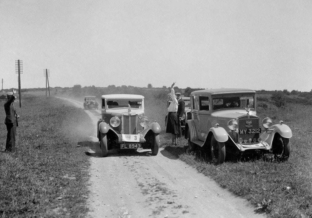 Detail of MG 18/80 of Mrs R Gough and Bianchi of Kitty Brunell at the B&HMC Brighton Motor Rally, 1930 by Bill Brunell