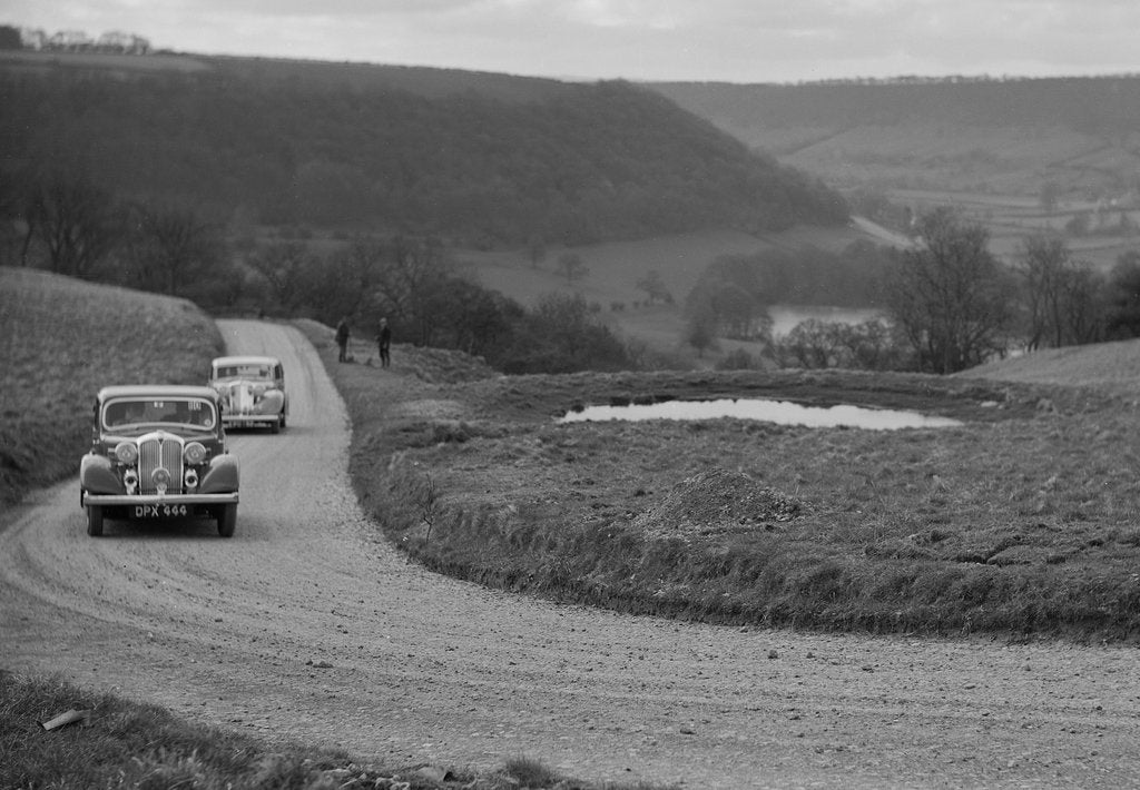 Detail of Rover of BN Wilmott and Jaguar SS of Dr AR Gray competing in the RAC Rally, 1939 by Bill Brunell