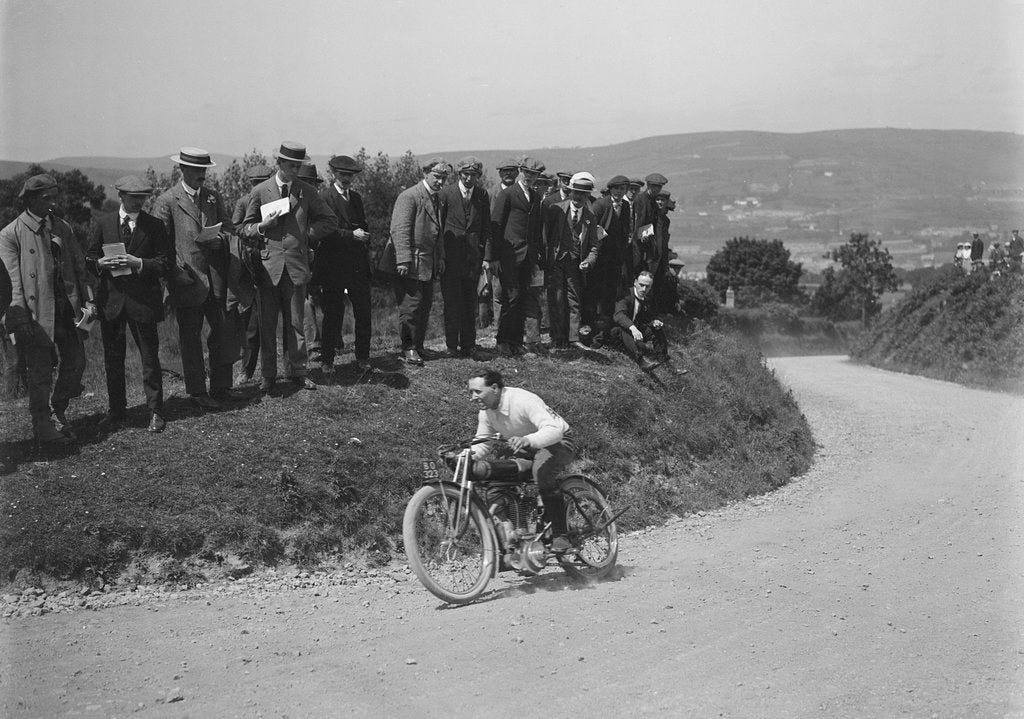 Detail of Motorcycle competing in the South Wales Auto Club Caerphilly Hillclimb, Wales, pre 1915. by Bill Brunell