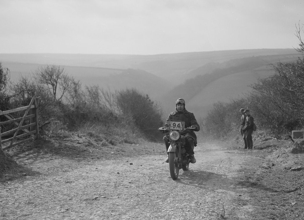 Detail of 498 cc Triumph of CJ Dennis, MCC Lands End Trial, top of Beggars Roost, Exmoor, 1939 by Bill Brunell