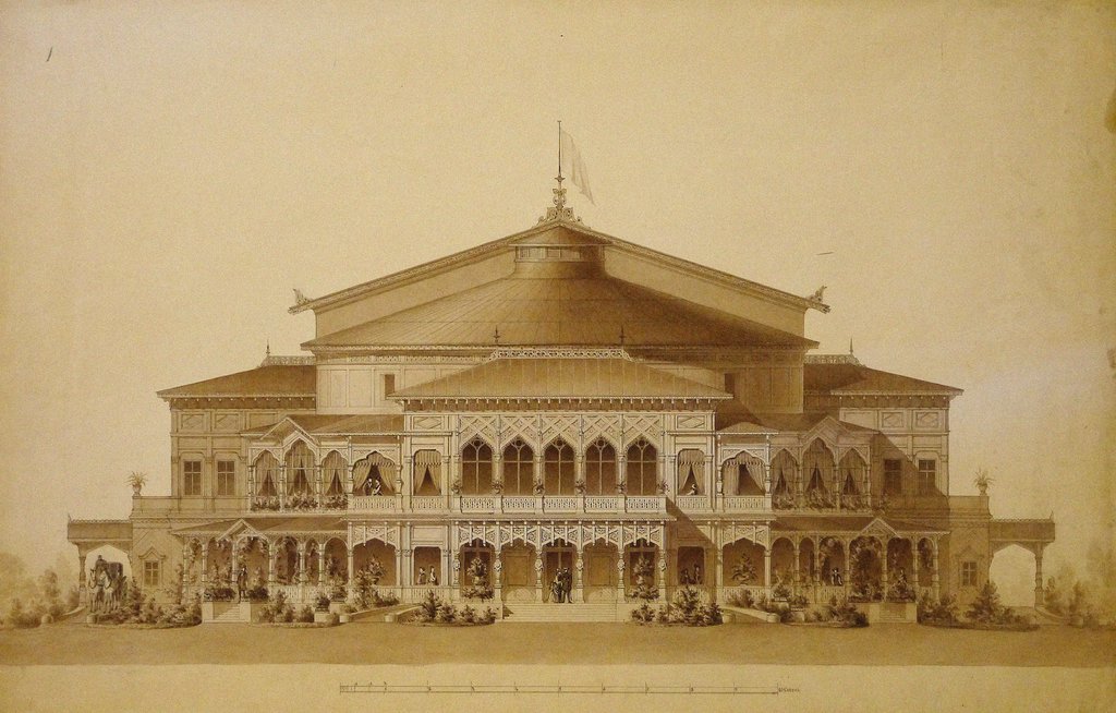 Detail of Project of the wooden summer theatre in Pavlovsk, Main facade, 1876 by Anonymous