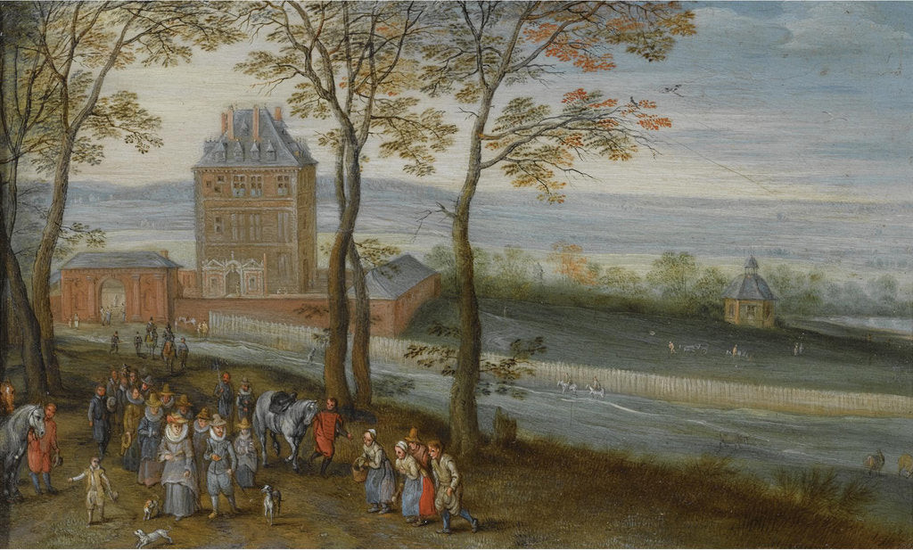 Detail of An extensive landscape with a view of the castle of Mariemont, a procession with the archduke Albrec by Anonymous