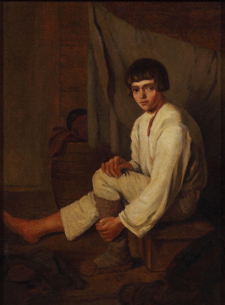Detail of Boy putting bast shoe on, 1820s by Anonymous