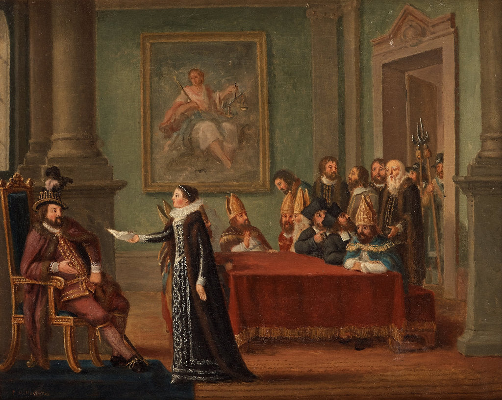 Detail of Christina Gyllenstierna with the letter of safe conduct before Christian II by Anonymous