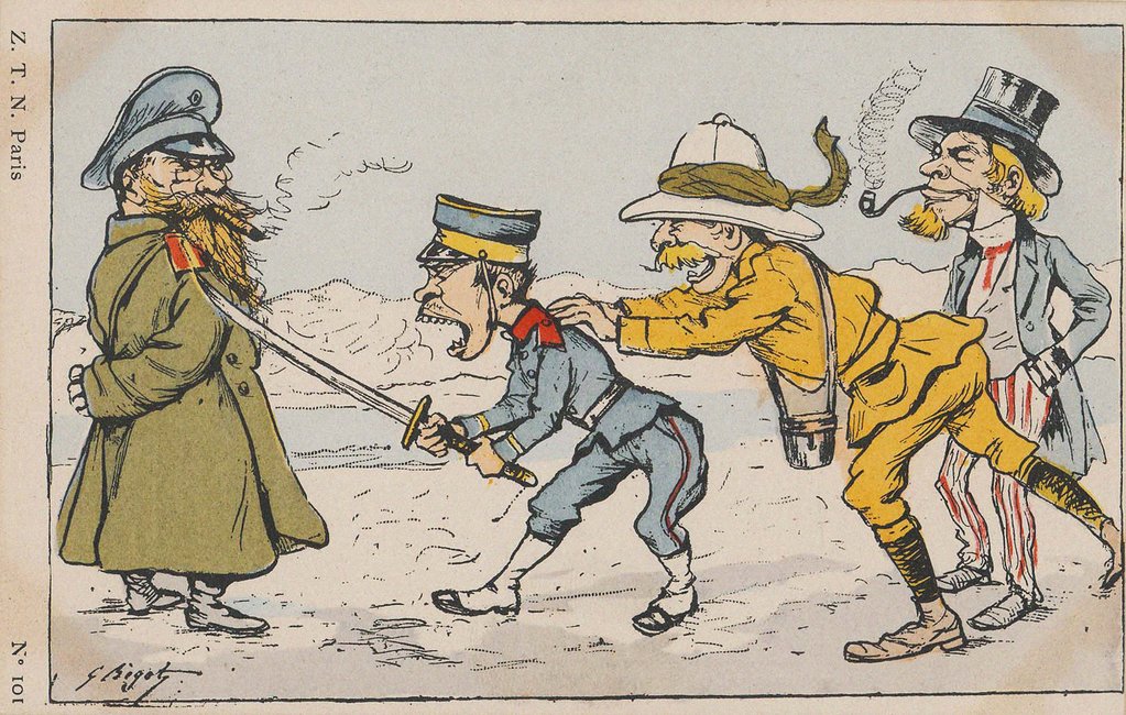 Detail of Japanese soldier challenging Russian soldier, urged on by an Englishman and Uncle Sam by Anonymous