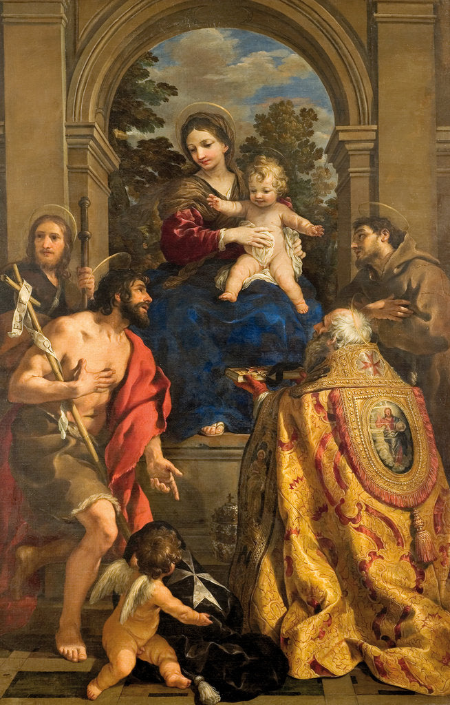 Detail of Virgin and child with Saints James, John the Baptist, Pope Stephen I and Francis by Anonymous