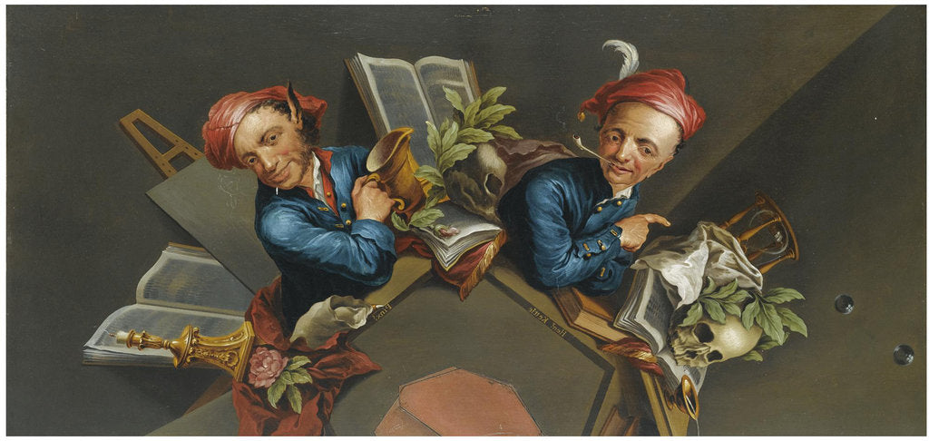 Detail of An anamorphic Trompe lOeil with a Vanitas still life by Anonymous