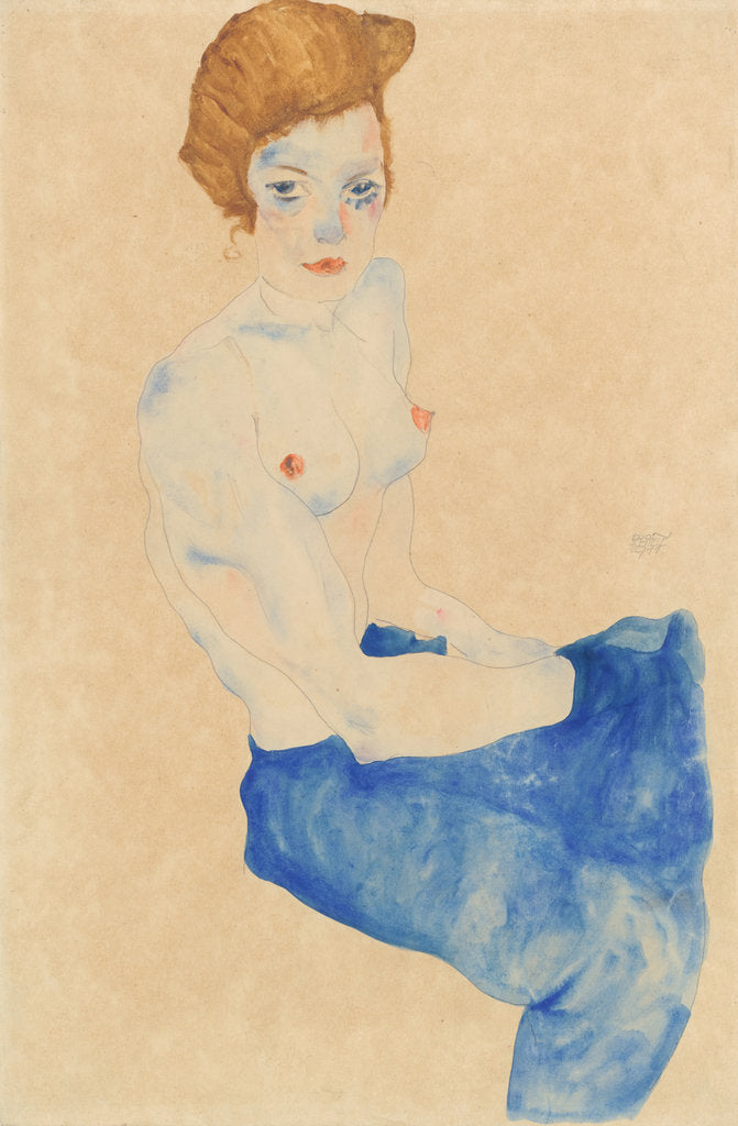 Detail of Sitting young woman, half nude with blue skirt (Wally Neuzil) by Anonymous