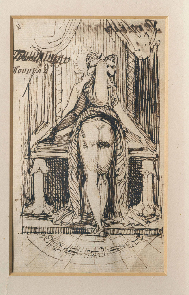 Detail of Callipyga. Lady with raised skirts, standing in front of a dressing table with phallic supports by Anonymous