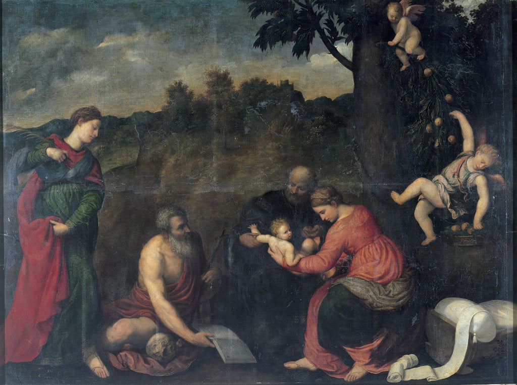 Detail of The Holy Family with Saints Jerome, Catherine of Alexandria and angels by Anonymous