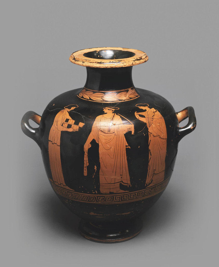 Detail of Hydria (Kalpis) with a Depiction of a Scene in Gynaeceum. Attic pottery by Anonymous
