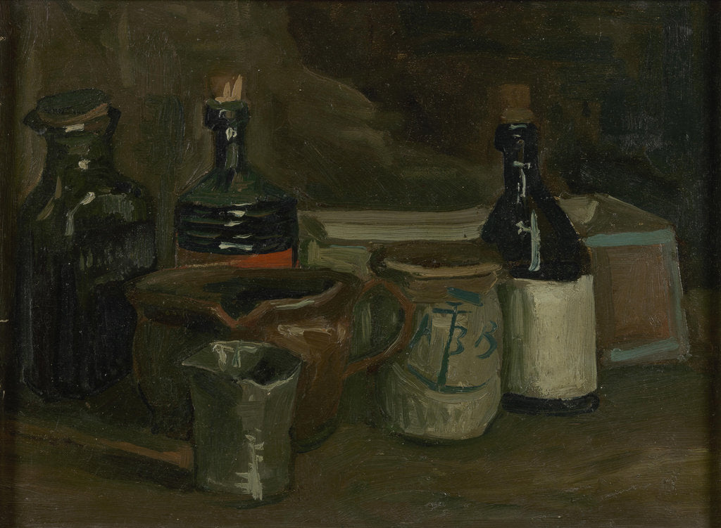 Detail of Still life with bottles and pottery by Anonymous