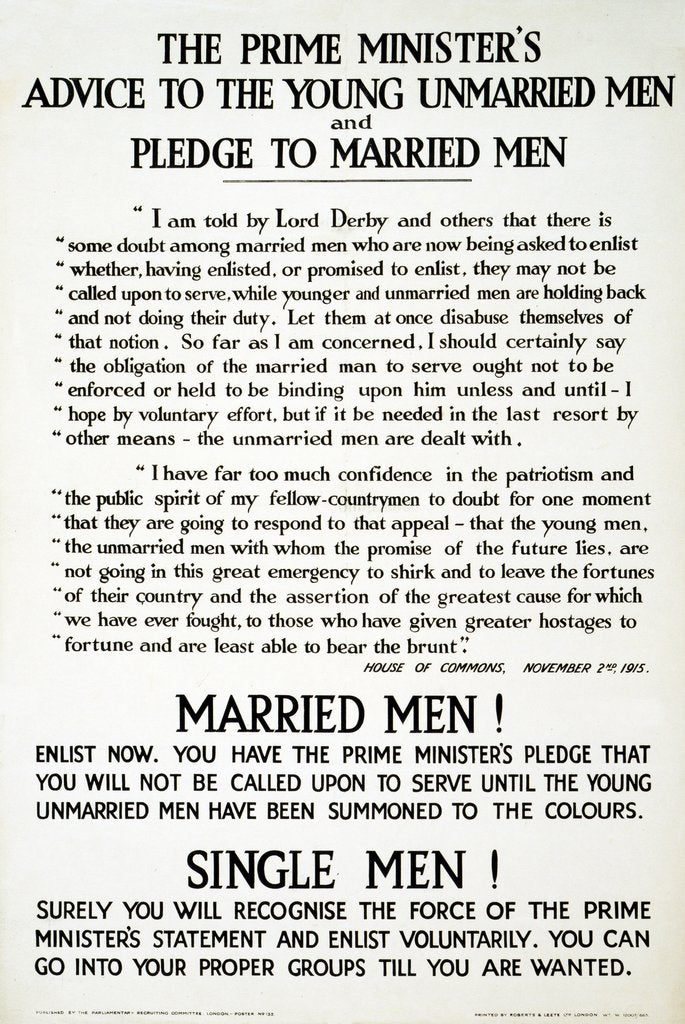 Detail of Recruitment Poster The Prime Minister's Advise to the Young Unmarried Men and Pledge to Married Men by Anonymous