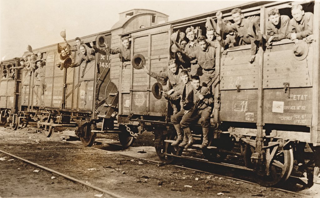 Detail of American troops on a train in France, c. 1917 by Anonymous