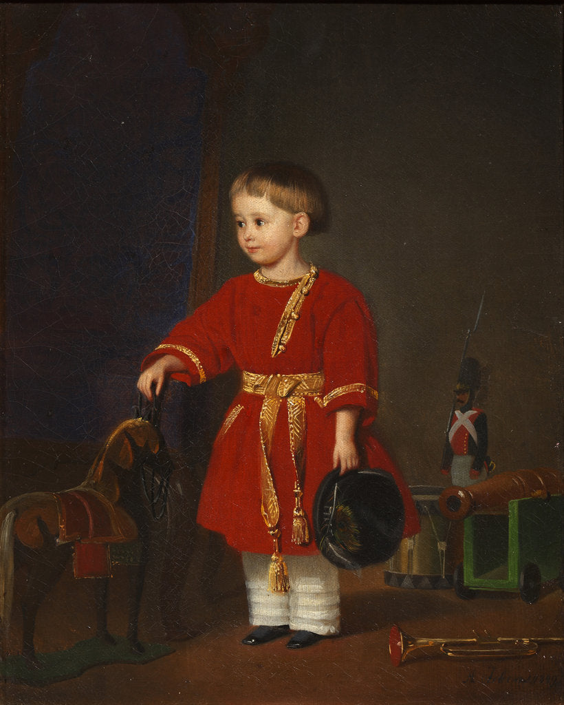 Detail of Portrait of a boy in a red dress with military toys by Anonymous