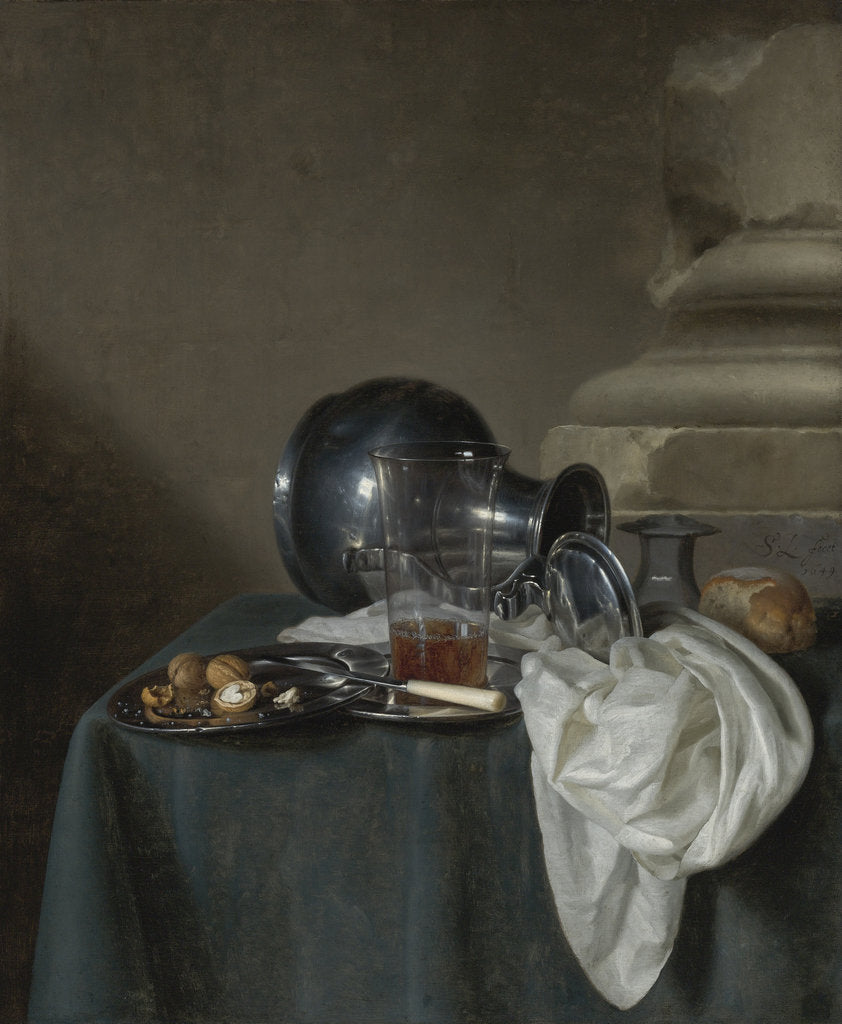 Detail of Still Life with a Pewter Jug, a glass of ale, a salt cellar and a bread roll by Anonymous