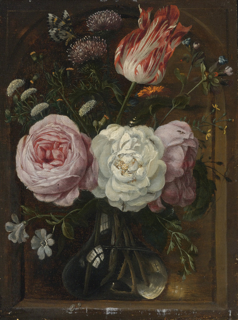 Detail of Flower still life with a tulip and roses in a glass vase by Anonymous