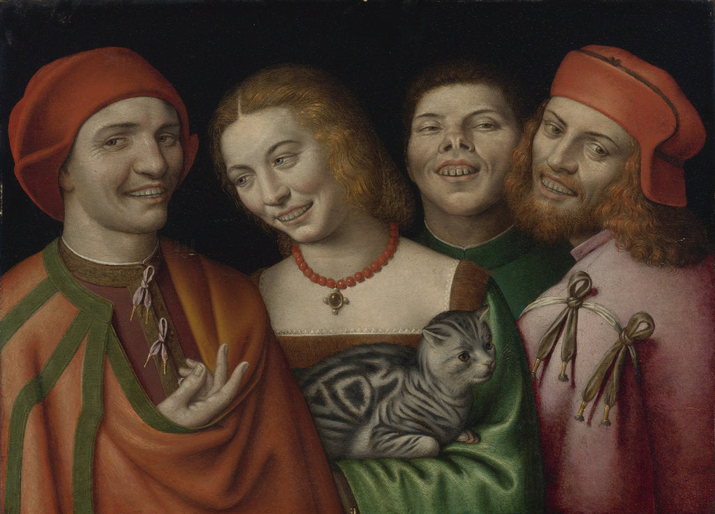 Detail of Three men with a woman holding a cat by Anonymous