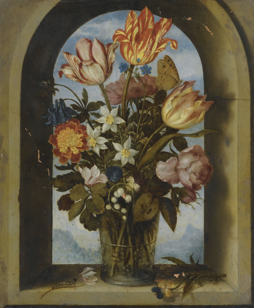 Detail of tulips, moss-roses, lily-of-the-valley and other flowers in a glass beaker set in an arched stone wi by Anonymous