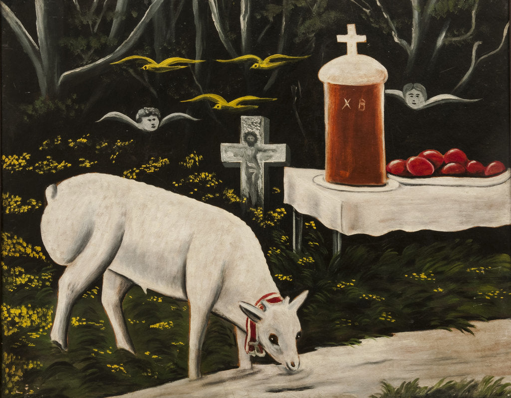 Detail of A paschal lamb and easter table with flying angels by Anonymous