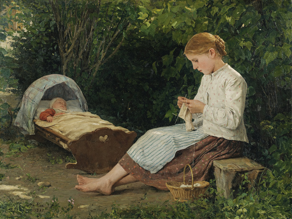 Detail of Knitting girl watching the toddler in a craddle by Anonymous