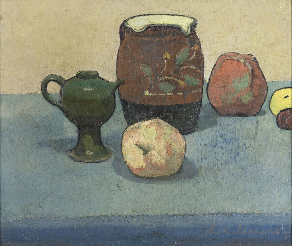 Detail of Stoneware pots and apples by Anonymous
