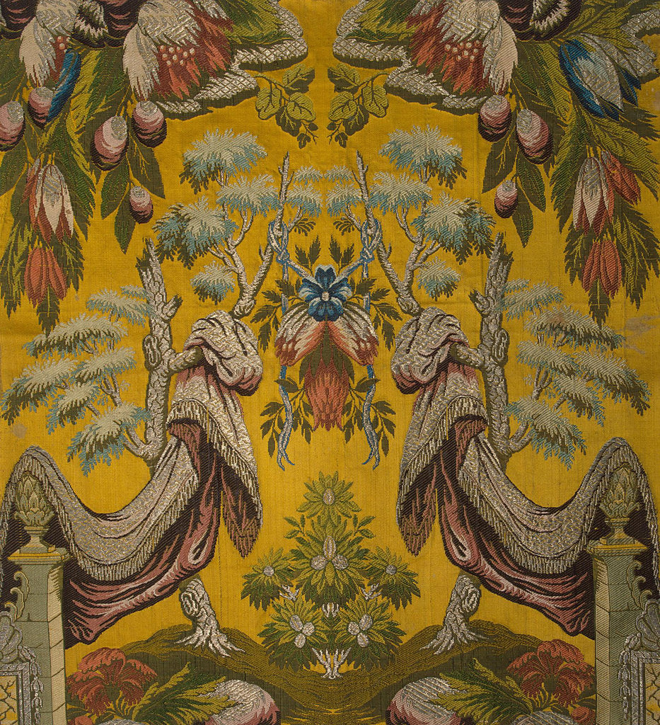 Detail of Silk fabric with silver thread, satin ground with a brocaded pattern by Anonymous