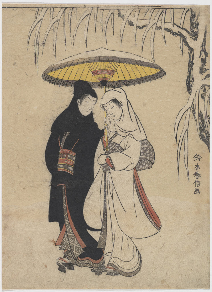 Detail of Young Lovers Walking Together under an Umbrella in a Snow Storm by Anonymous
