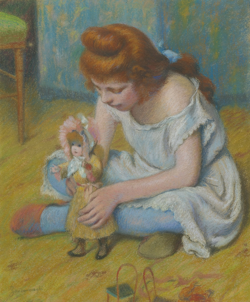 Detail of Yung girl playing with a doll by Anonymous