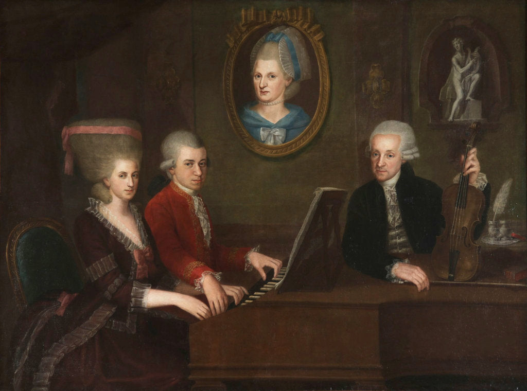Detail of Wolfgang Amadeus Mozart with sister Maria Anna and father Leopold, on the wall a portrait of the dec by Anonymous