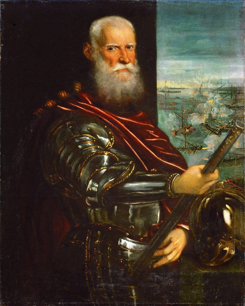 Detail of Sebastiano Venier, with the Battle of Lepanto in background by Anonymous