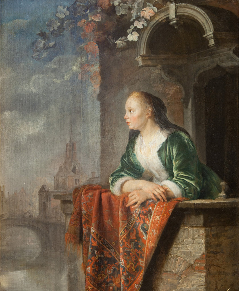 Detail of Young woman on a balcony, ca 1665 by Anonymous
