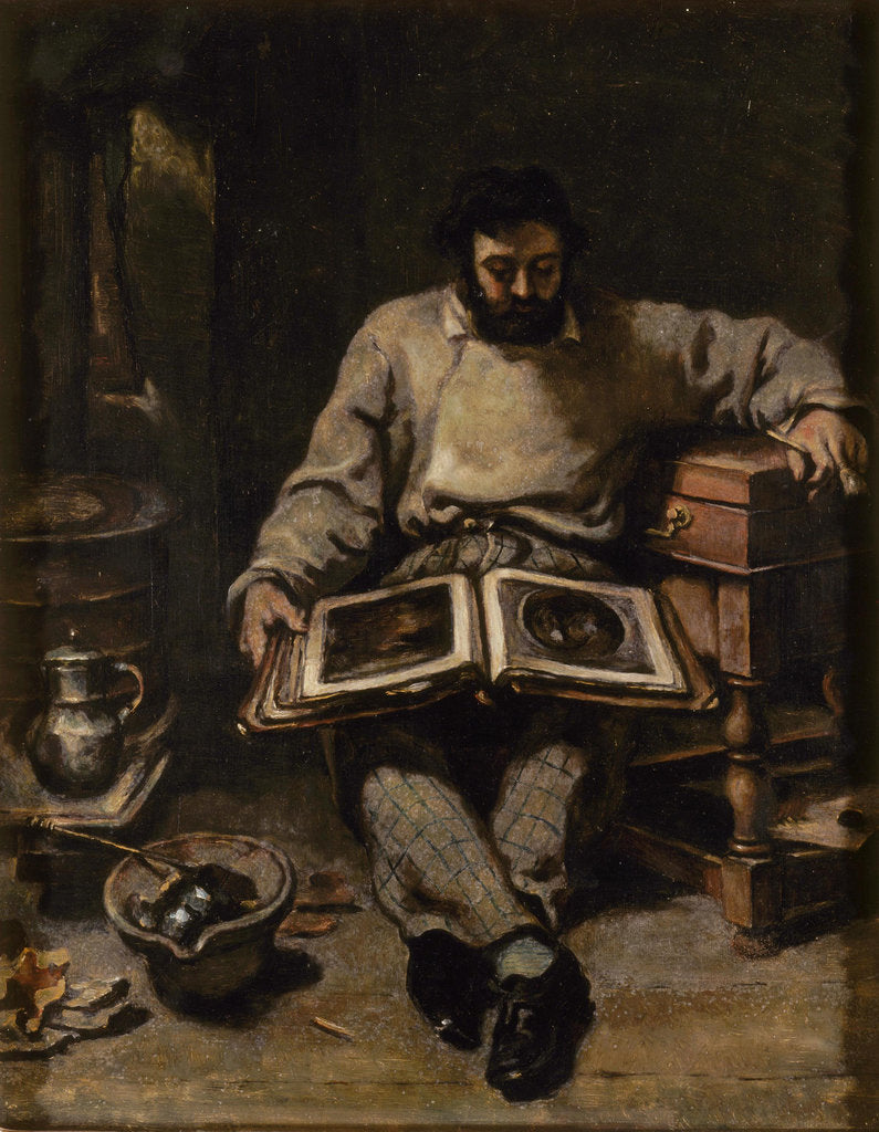 Detail of Marc Trapadoux Examining a Book of Prints, ca 1848 by Anonymous