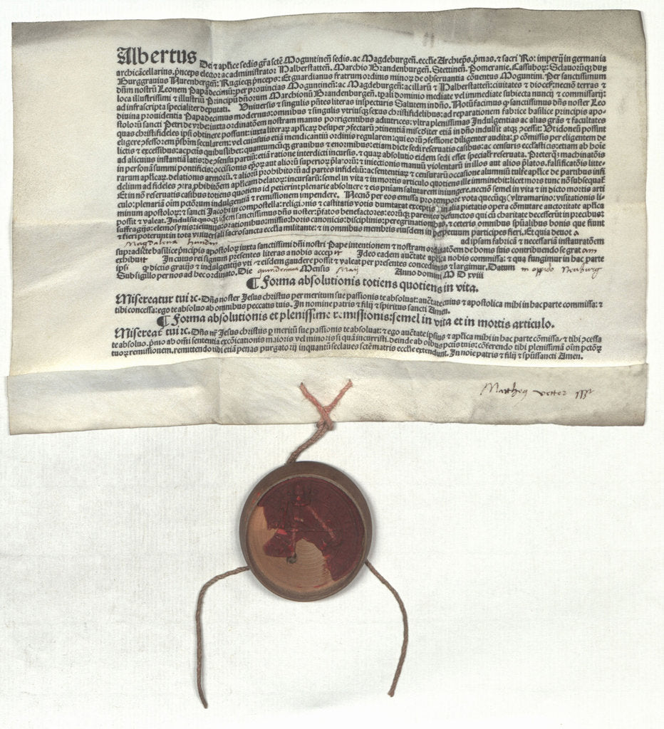 Detail of Letter of indulgence offered by Albert, archbishop of Mainz, on the authority of Pope Leo X, 1517 by Anonymous