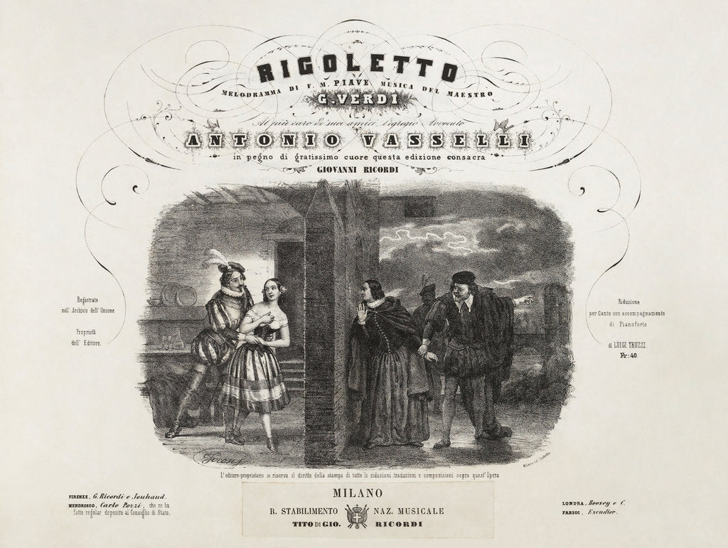 Detail of Cover of the first edition of the vocal score of opera Rigoletto by Giuseppe Verdi, 1852 by Anonymous