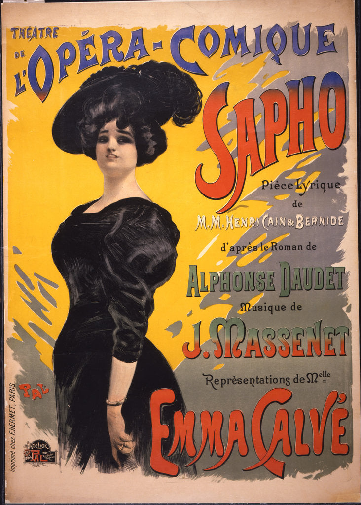 Detail of Emma Calvé as Fanny Legrand. Poster for the premiere of opéra-comique Sapho by Massenet performed on by Anonymous