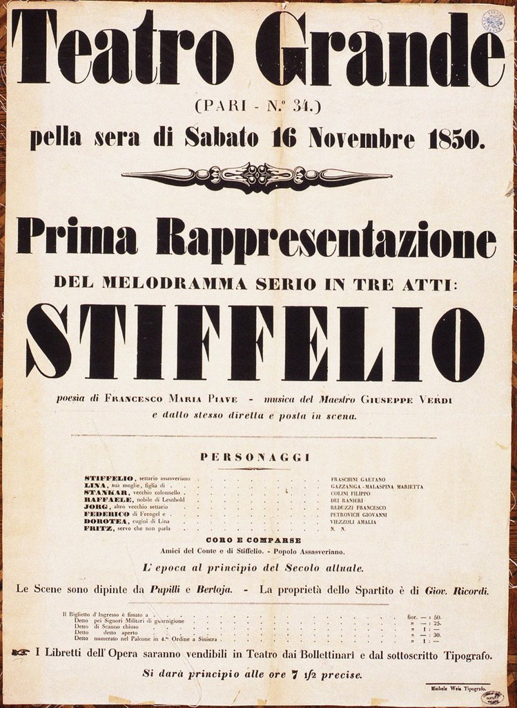 Detail of Premiere Poster for the opera Stiffelio by Giuseppe Verdi in Teatro Grande, Trieste, 1850 by Anonymous