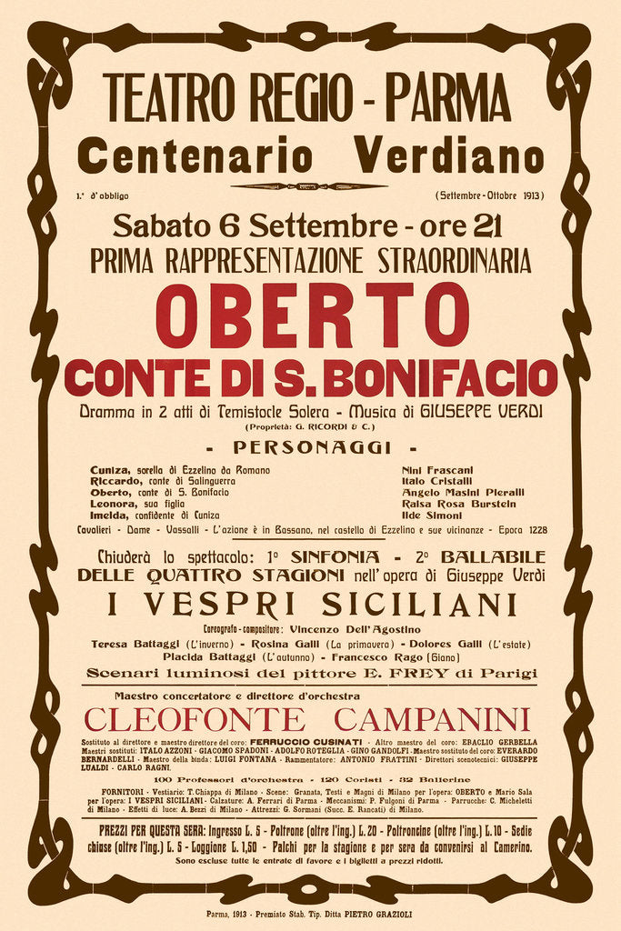 Detail of Poster for the opera Oberto conte di San Bonifacio by Giuseppe Verdi in Teatro Regio di Parma, 1913 by Anonymous