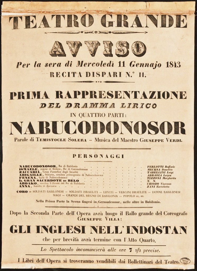 Detail of Poster for the opera Nabucco by Giuseppe Verdi in Teatro Grande on 11 January 1843, 1843 by Anonymous